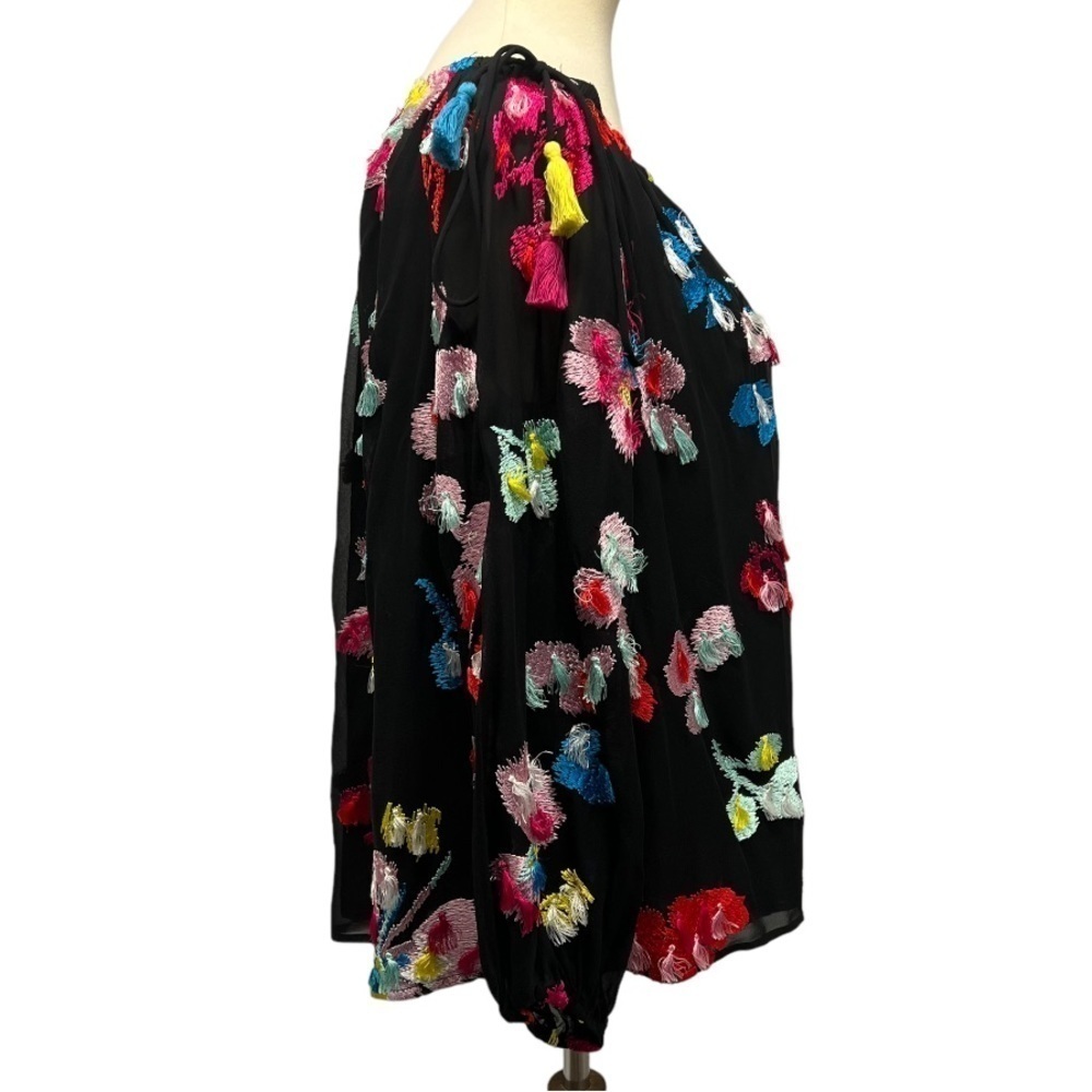 Tanya Taylor Georgette Tessa Black Silk Floral Embroidered Tassel Accent Top 8 - Picture 10 of 14